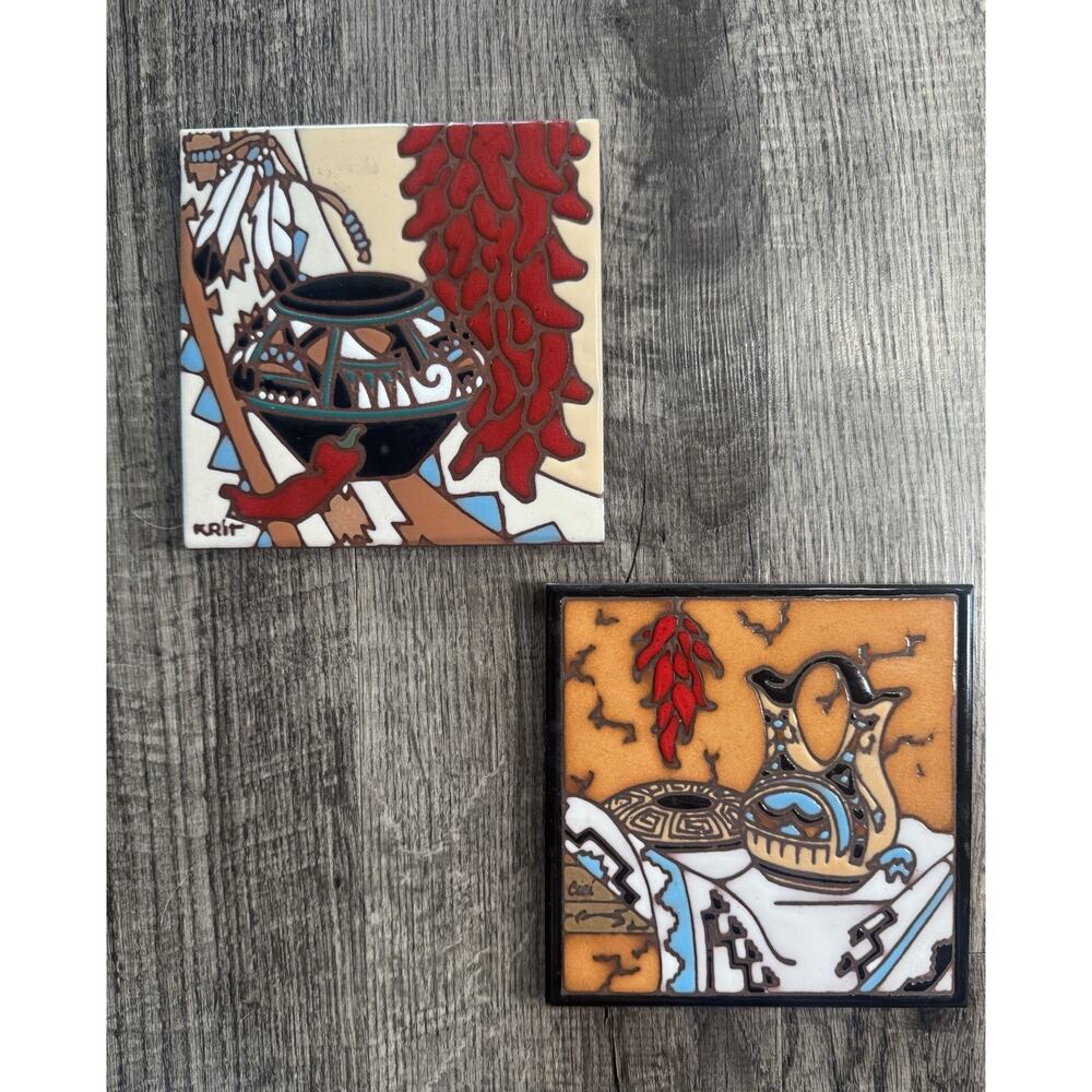 Vintage Earthtones Southwestern Art 6” Tiles Set 1990s Hand painted KRIT - Picture 11 of 11